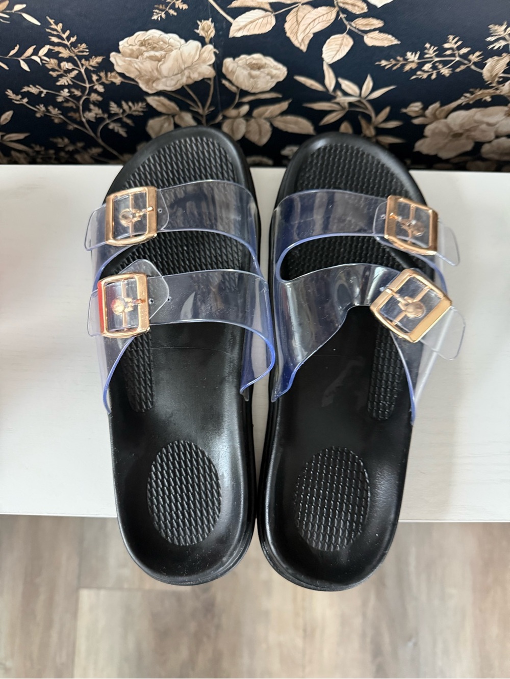 Transparent Double-Buckle Slide Sandals - Black Footbed